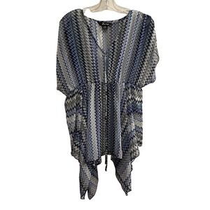 Zuny Women's L XL Blue Chevron‎ Zig Zag Print Kimono Kaftan Cover Up